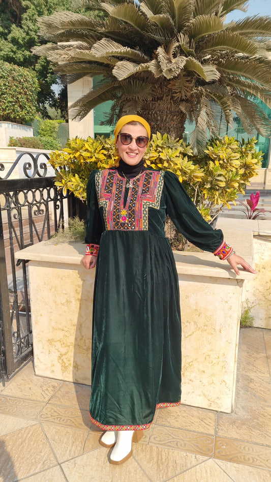 Green Velvet Dress with Afghani Embroidery