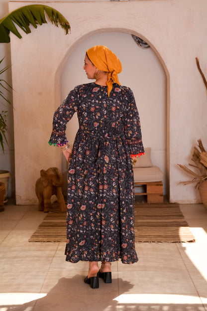 Ethnic Floral Black Dress With Afghani Handmade Embroidery