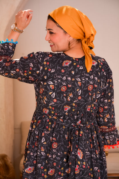 Ethnic Floral Black Dress With Afghani Handmade Embroidery