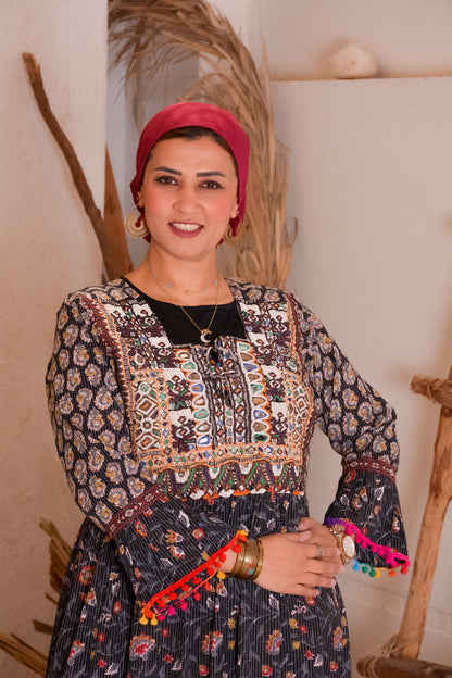 Ethnic Floral Black Dress With Afghani Handmade Embroidery