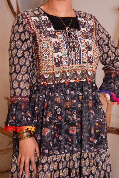 Ethnic Floral Black Dress With Afghani Handmade Embroidery