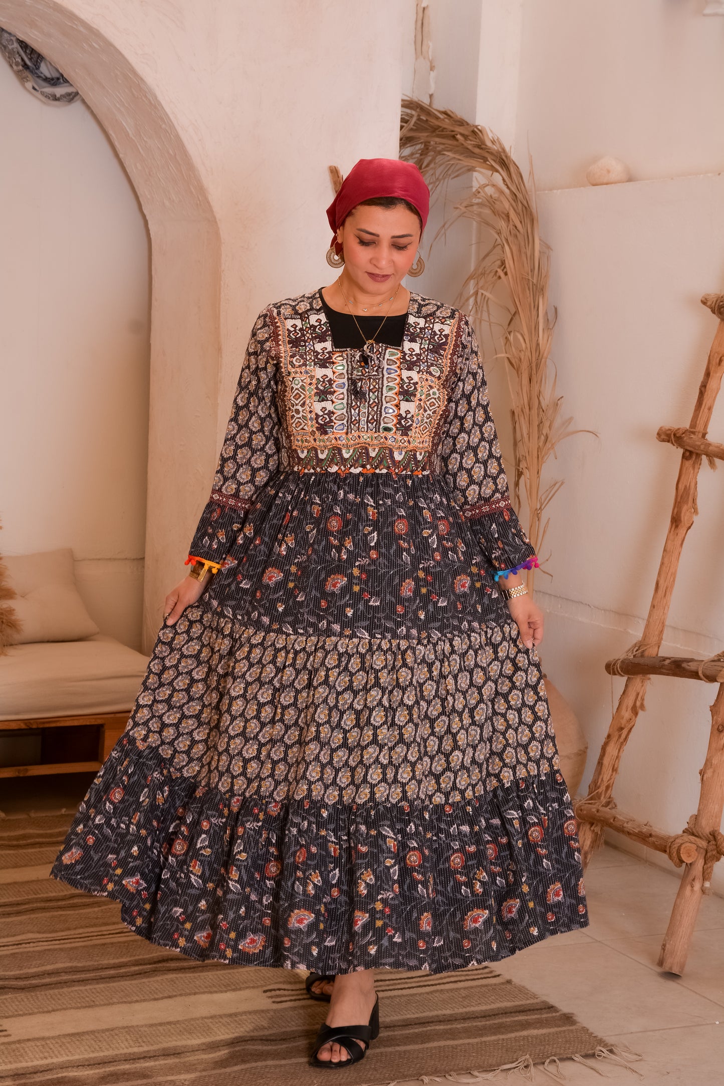 Ethnic Floral Black Dress With Afghani Handmade Embroidery