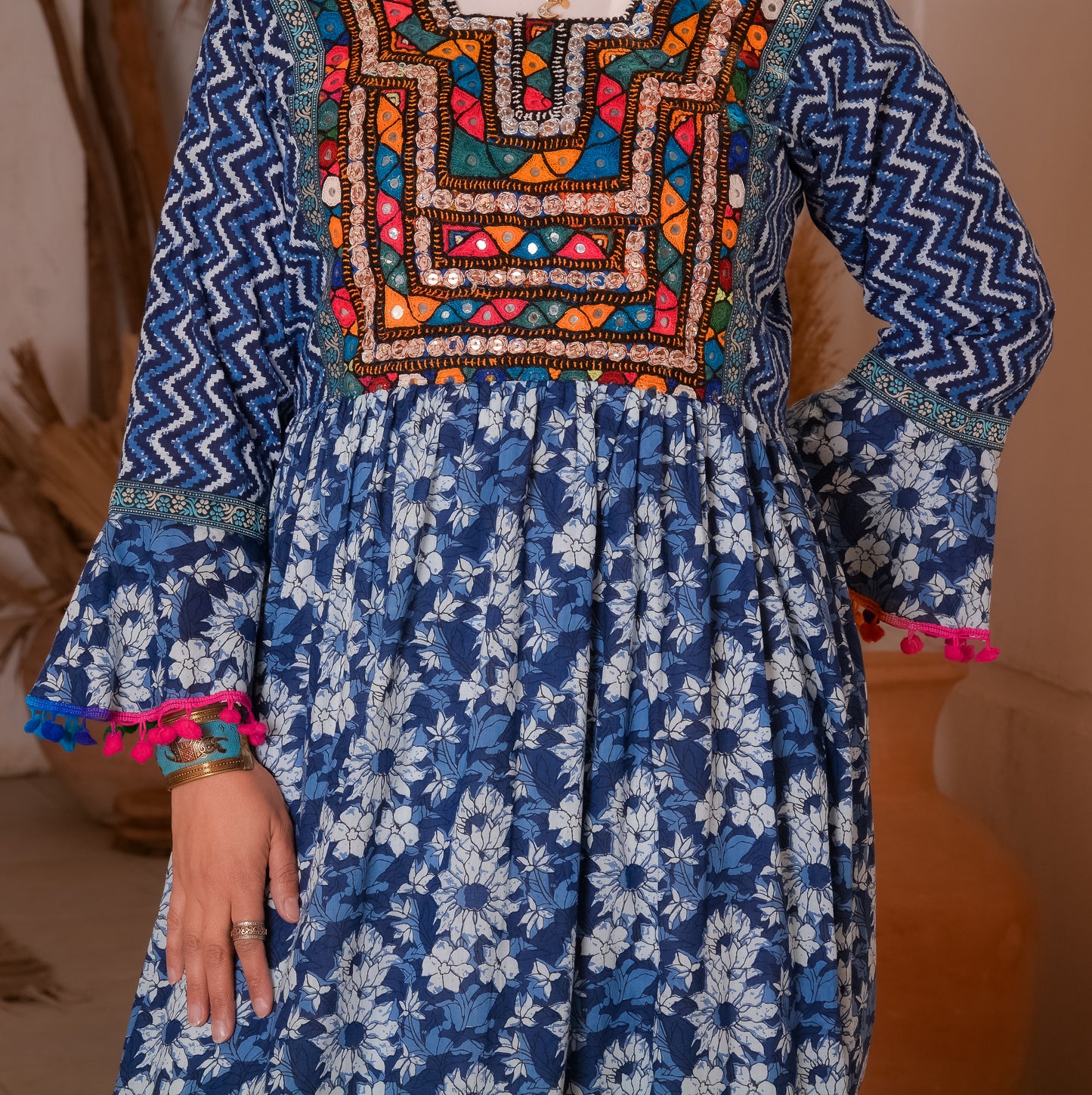 Ethnic Blue Dress With Afghani Handmade Embroidery