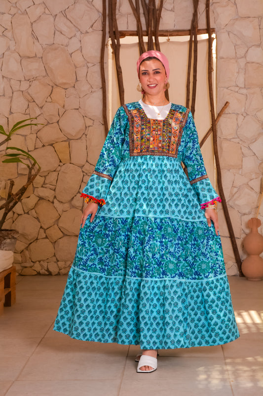 Ethnic Turquoise Dress With Afghani Handmade Embroidery