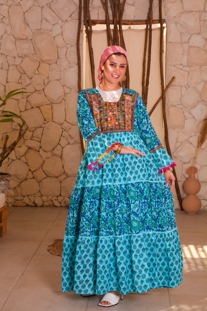 Ethnic Turquoise Dress With Afghani Handmade Embroidery