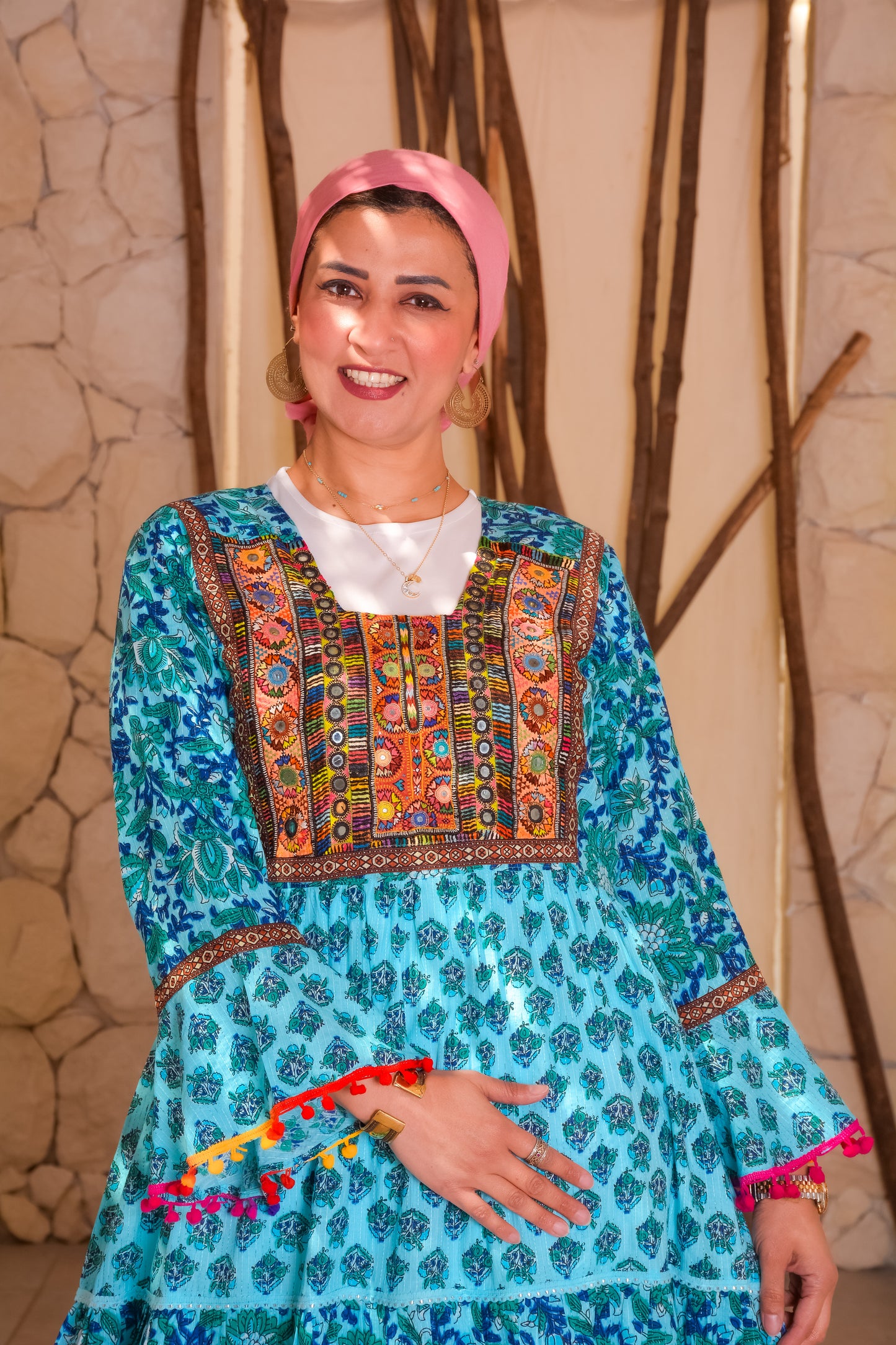 Ethnic Turquoise Dress With Afghani Handmade Embroidery