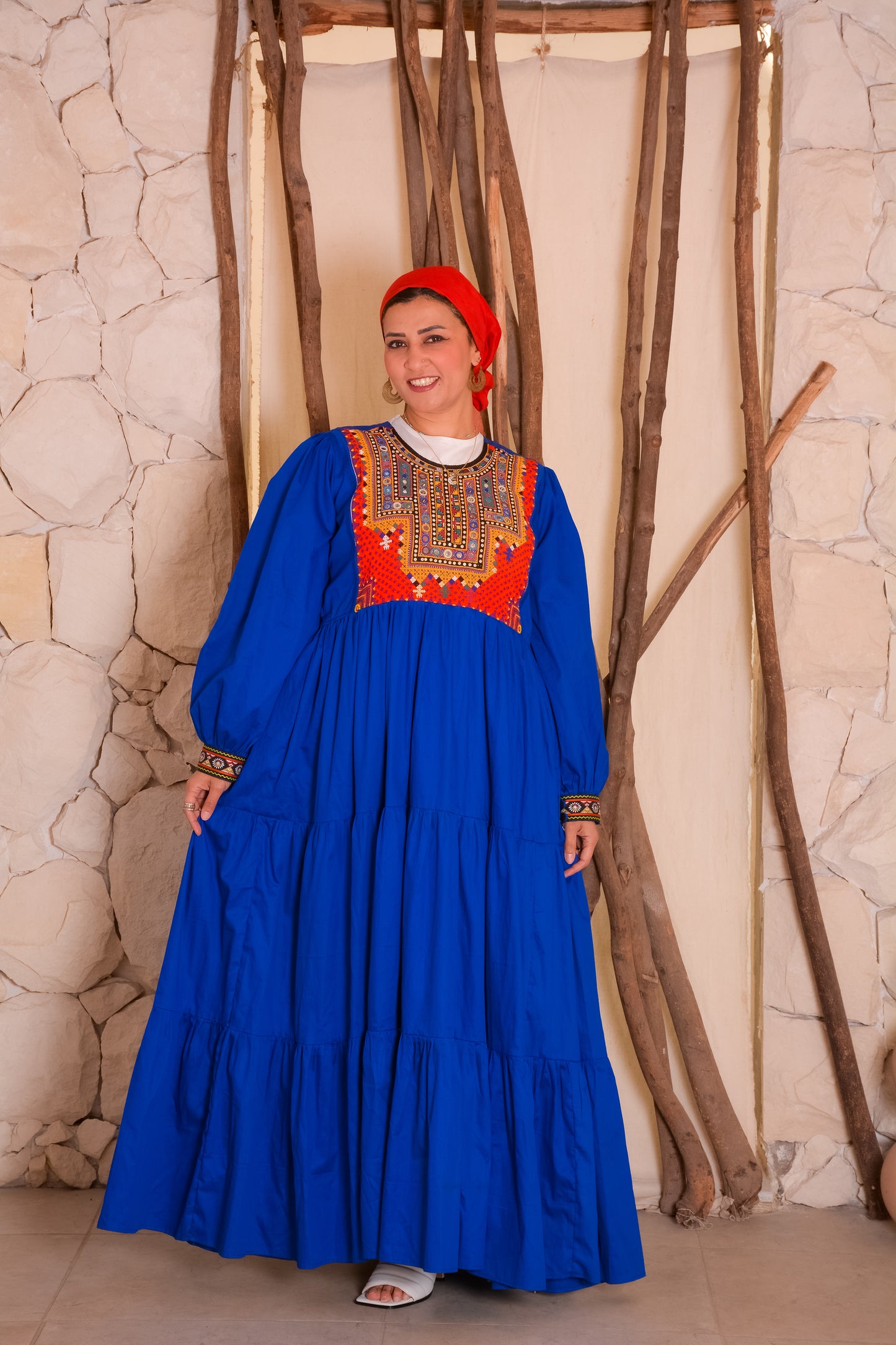 Double Flare Blue Dress With Afghani Handmade Embroidery