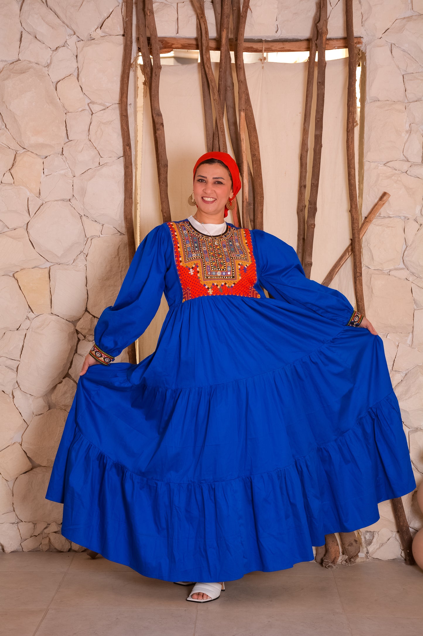 Double Flare Blue Dress With Afghani Handmade Embroidery