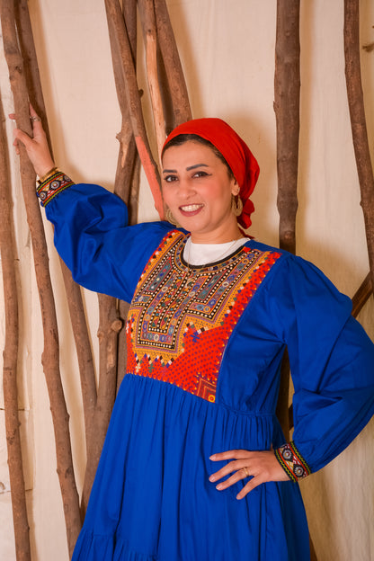 Double Flare Blue Dress With Afghani Handmade Embroidery