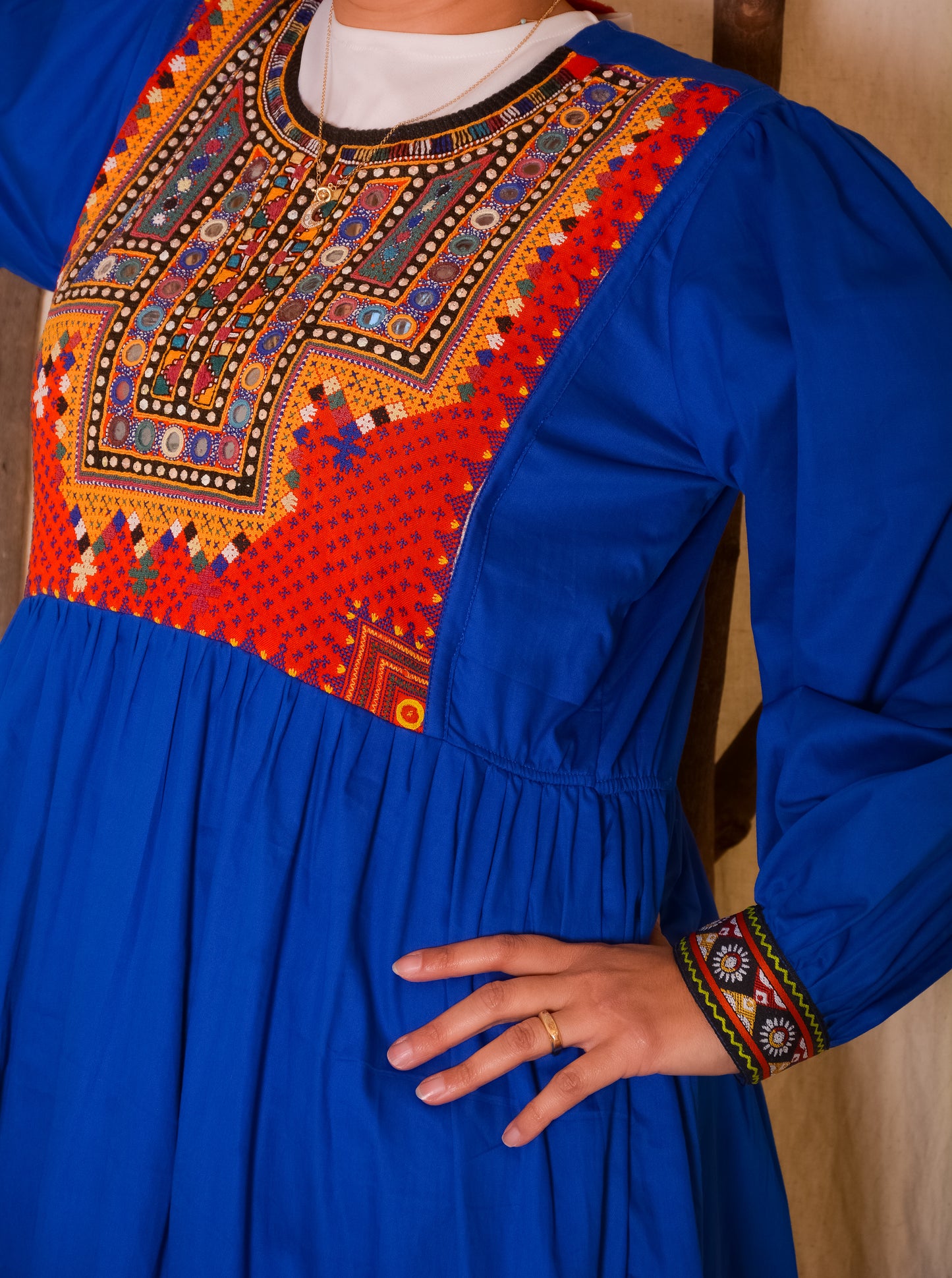 Double Flare Blue Dress With Afghani Handmade Embroidery