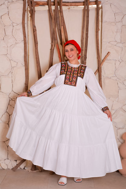 Double Flare White Dress With Afghani Handmade Embroidery