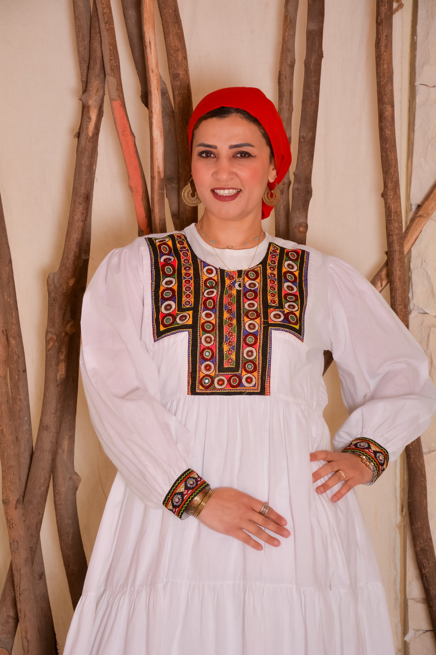 Double Flare White Dress With Afghani Handmade Embroidery