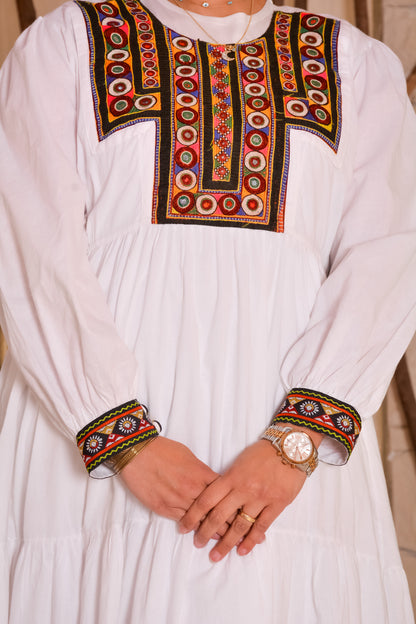 Double Flare White Dress With Afghani Handmade Embroidery