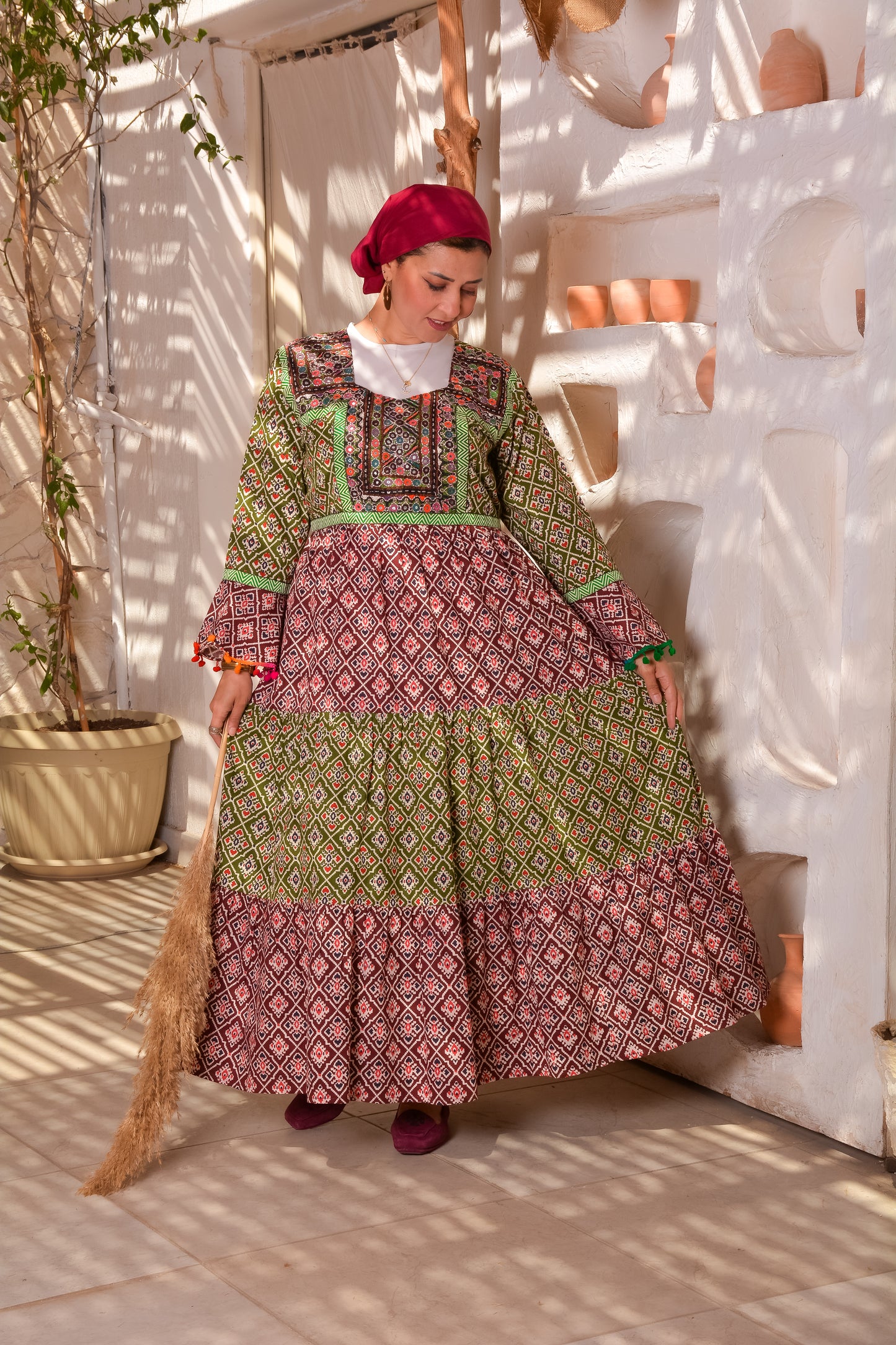 Ethnic Mixed Green × Red Dress With Afghani Handmade Embroidery