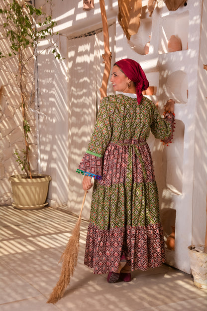 Ethnic Mixed Green × Red Dress With Afghani Handmade Embroidery