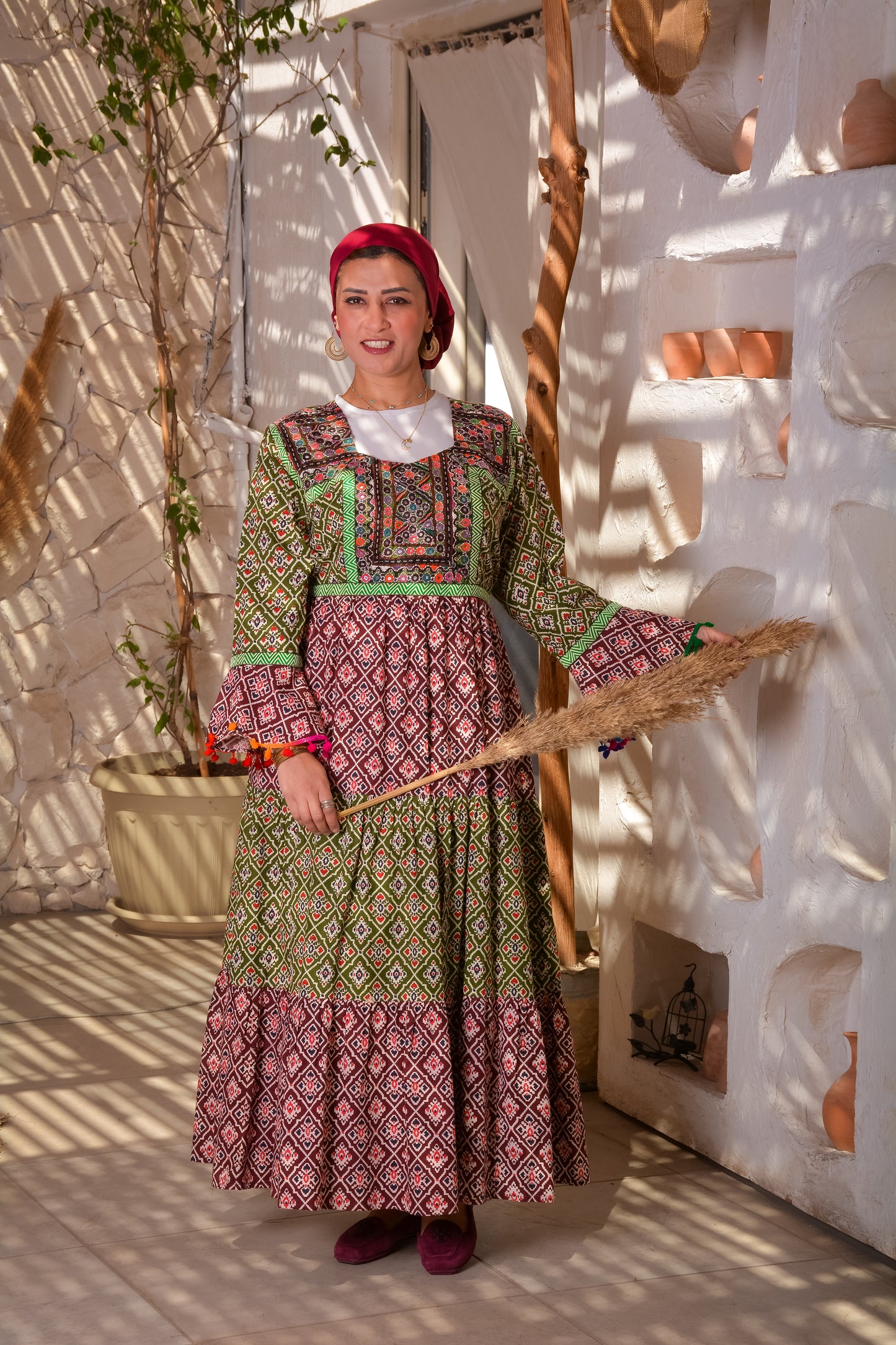 Ethnic Mixed Green × Red Dress With Afghani Handmade Embroidery