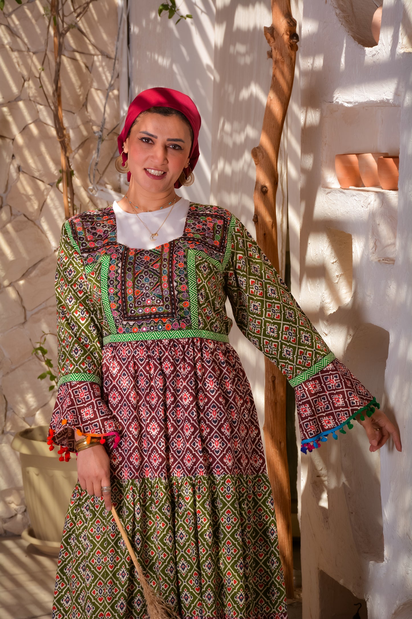 Ethnic Mixed Green × Red Dress With Afghani Handmade Embroidery