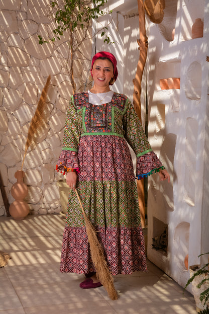 Ethnic Mixed Green × Red Dress With Afghani Handmade Embroidery