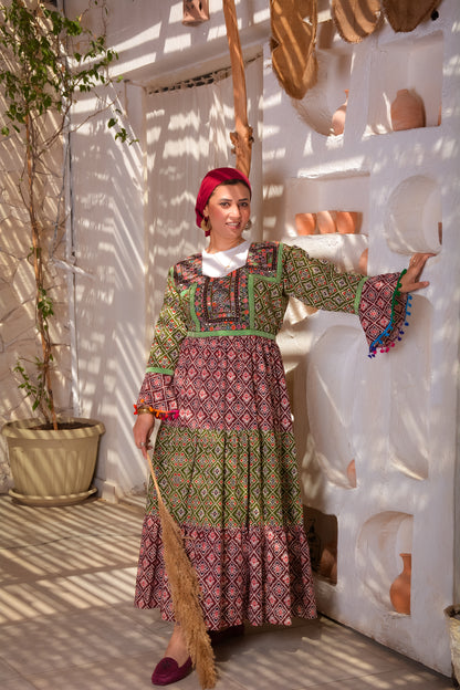 Ethnic Mixed Green × Red Dress With Afghani Handmade Embroidery