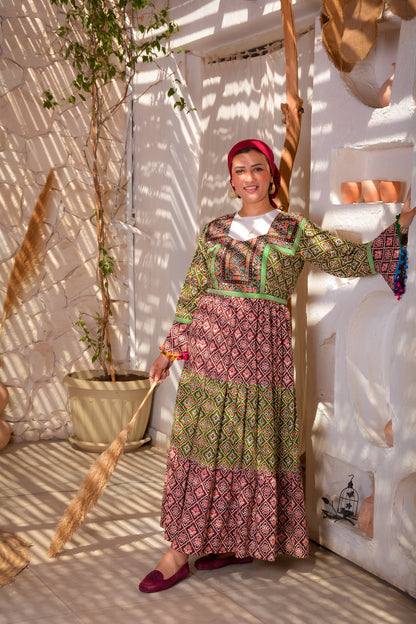 Ethnic Mixed Green × Red Dress With Afghani Handmade Embroidery